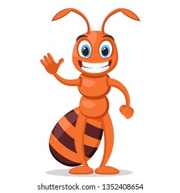 Ant smiling and waving on a white background. Character