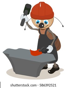 Ant smith hit hammer on anvil. Vector cartoon illustration