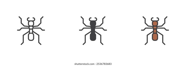 Ant soldier different style icon set. Line, glyph and filled outline colorful version, outline and filled vector sign. Emmet symbol, logo illustration. Vector graphics