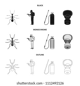 Ant, staff in overalls and equipment black,monochrome,outline icons in set collection for design. Pest Control Service vector symbol stock web illustration.