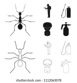 Ant, staff in overalls and equipment black,outline icons in set collection for design. Pest Control Service vector symbol stock web illustration.