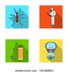 Ant, staff in overalls and equipment flat icons in set collection for design. Pest Control Service vector symbol stock web illustration.