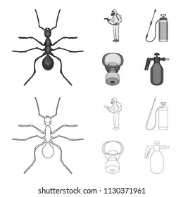 Ant, staff in overalls and equipment outline,monochrome icons in set collection for design. Pest Control Service vector symbol stock web illustration.