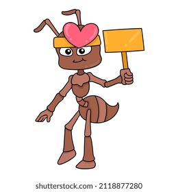 la hormiga está de pie cargando un tablero de plantillas, ilustración vectorial art. doodle image kawaii.