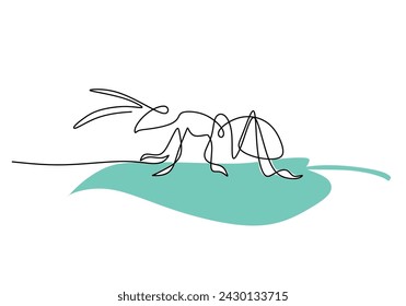 Ant standing on leaf in continuous one line art drawing. Floral and fauna vector illustration editable stroke.