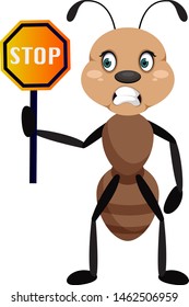 Ant with stop sign, illustration, vector on white background.