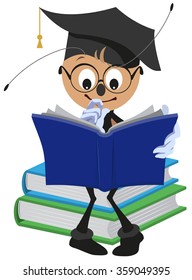 Ant Student reading book. Isolated cartoon illustration