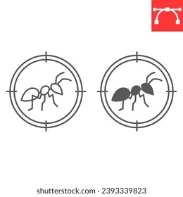 Ant target line and glyph icon, pest control and kill insect, ant in crosshair vector icon, vector graphics, editable stroke outline sign, eps 10.