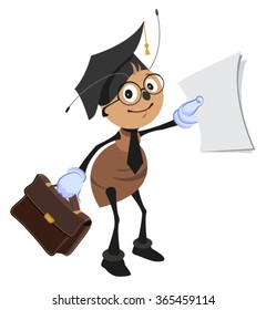 Ant teacher holding briefcase and clean sheet. Isolated on white illustration