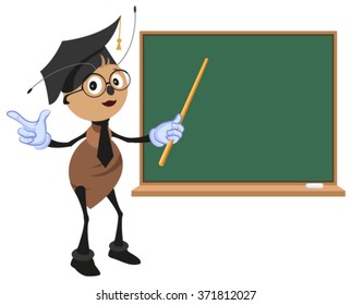 Ant teacher stands at blackboard. Isolated on white illustration