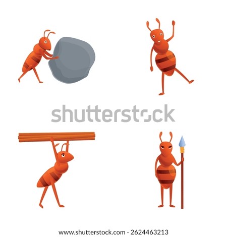 Ant team icons set cartoon vector. Cute ant at work. Cartoon character