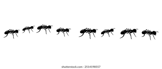 Ant trail. Ant column. Black insect silhouettes trip. Teamwork, hard work concept.