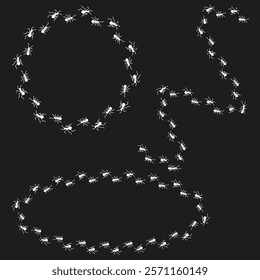 Ant trail pattern. Circular ant formation. Black insect shapes. Creative path vector.