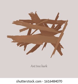 Ant tree bark on a gray background and logo. Bark for tea, medicine. Brown bark is healing.