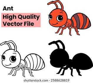 Ant Vector Illustration - Cute Cartoon Ant in Color, Black and White, and Silhouette