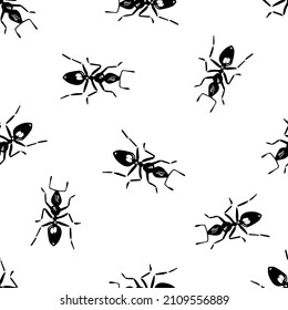 Ant Vector Seamless Muster. Schwarze kleine Ameisen auf weißem, isoliertem Hintergrund. einfarbiger Hintergrund mit Ameisen. Vektorgrafik.