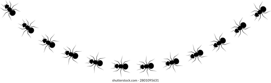 Ant walk icon with insect trail, crawling ants path bug movement line and tiny animal silhouettes, black flat vector illustration elements isolated on white background for nature design