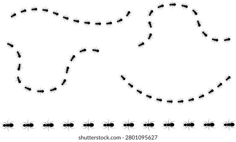 Ant walk icon set collection with insect trail, crawling ants path bug movement line and tiny animal silhouettes, black flat vector illustration elements isolated on white background for nature design