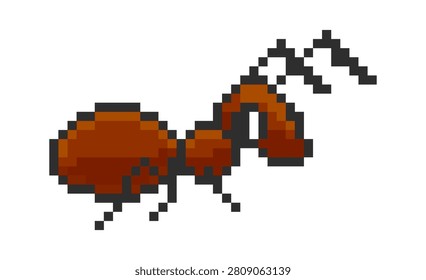 Ant walking side view with chunky pixels and bold outline in retro 8-bit game style. Symbol of diligence, teamwork, and persistence for arcade projects. Cartoon vector illustration.