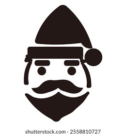 anta Claus icon, black and white silhouette, geometric shapes, graphic design, Christmas symbol, simplified facial features, stylized Santa hat, curled mustache, symmetrical beard, vector art.