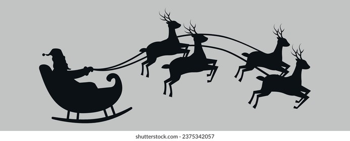 anta Claus on a sleigh with reindeer. Black silhouette. Vector on gray background	