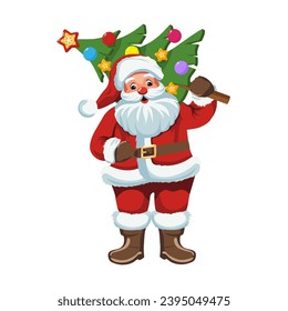 anta claus with presents. Cheerful Santa Claus stands and waves his hand next to a sack full of gifts. Traditional Christmas and New Year character. Vector illustration isolated on white background.