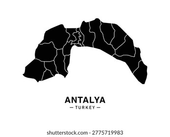 Antalya city map with districts, clean black urban silhouette vector on white background.
