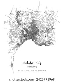 Antalya city vector map poster. Turkey municipality  linear street map,vector image for marketing ,digital product ,wall art and poster prints.