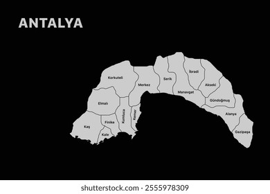 Antalya district map, isolated city map in turkey.