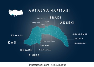 Antalya districts Dosemealti, Korkuteli, Kepez, Serik, İbradi, Akseki, Gundogmus, Alanya, Gazipasa, Konyalalti, Muratpasa, Aksu, Manavgat, Kemer, Kumluca, Finike, Demre, Kas, Elmali map, Turkey