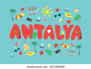 Antalya flat illustration. Antalya line drawing. Modern style Antalya city illustration. Hand sketched poster, banner, postcard, card template for travel company, T-shirt, shirt. Vector EPS 10.