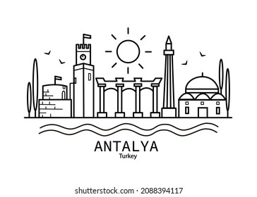 Antalya flat illustration. Antalya line drawing. Modern style Antalya city illustration. Hand sketched poster, banner, postcard, card template for travel company, T-shirt, shirt. Vector EPS 10.