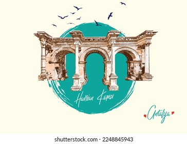 Antalya Hadrian's Gate old town Kaleici district vector illustration.