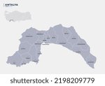 Antalya province of Turkey, detailed region map. vector illustration