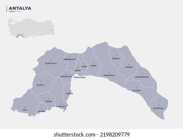 Antalya province of Turkey, detailed region map. vector illustration