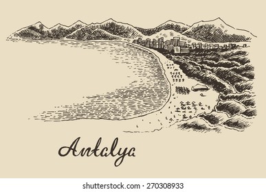 Antalya skyline, big city architecture, vintage engraved vector illustration, hand drawn, sketch.