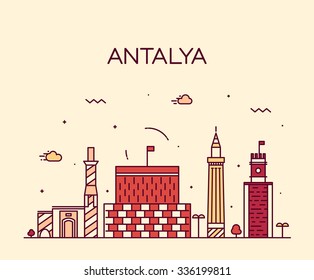 Antalya skyline, detailed silhouette. Trendy vector illustration, linear style