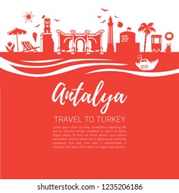 Antalya Symbols. Travel To Turkey Concept Design. Modern Flat Vector Illustration Of Famous Turkish Landmarks. Panoramic Skyline Silhouette With Waves On Red Square Background. 