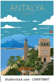 Antalya Turkey City Landmarks Poster. Vector Illustration. Business Travel And Tourism Concept With Old Buildings.  