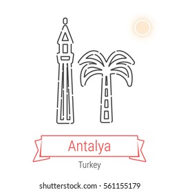Antalya (Turkey) flat style thin line icon with an inscription on a ribbon banner with the sun in the background. Antalya logo, landmark, vector symbol. Minaret and Palm Tree pictogram.