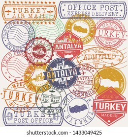 Antalya Turkey. Set of Stamps. Travel Stamp. Made In Product. Design Seals Old Style Insignia.