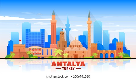 Antalya ( Turkey ) skyline with panorama in blue background. Vector Illustration. Business travel and tourism concept with modern buildings. Image for presentation, banner, placard and web site.