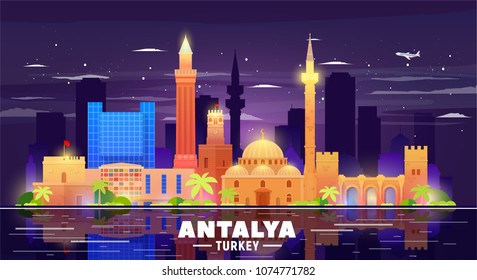 Antalya ( Turkey ) skyline with panorama in night background. Vector Illustration. Business travel and tourism concept with modern buildings. Image for presentation, banner, placard and web site.