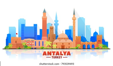 Antalya  ( Turkey ) Skyline With Panorama In White Background. Vector Illustration. Business Travel And Tourism Concept With Modern Buildings. Image For Presentation, Banner, Placard And Web Site.