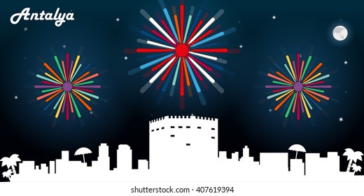 Antalya Turkey skyline silhouette, dark night sky with fireworks vector design
