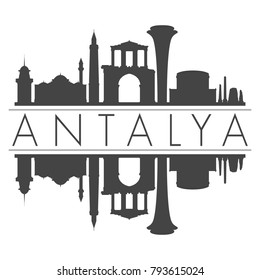 Antalya Turkey Skyline Vector Art Mirror Silhouette Emblematic Buildings