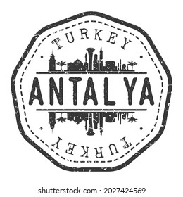 Antalya, marca postal turca de marca en el horizonte. Pasaporte postal de Silhouette. Icono de vector de redondeo de ciudad. Diseño de rehenes vintage.