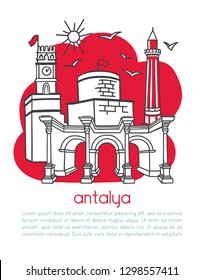 Antalya, Turkey. Vector illustration of a famous turkish city and its symbols. Vertical card design with text. Hand drawn doodle objects in modern style: black outline and red color blocks on white.