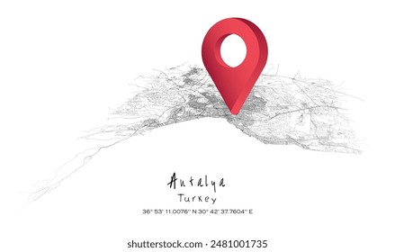 Antalya,Turkey,detailed urban street plan city map with location pin,vector image