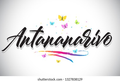 Antananarivo Handwritten Word Text with Butterflies and Colorful Swoosh Vector Illustration Design.